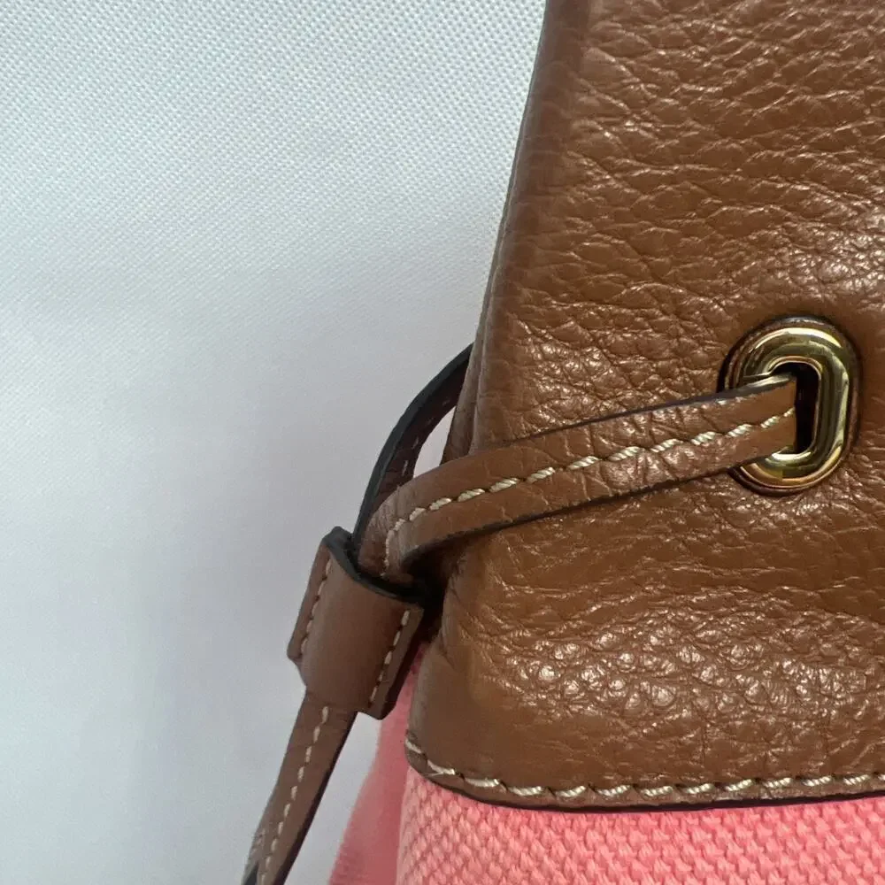 Michael Kors Marina East West Drawstring Tote in Coral Canvas & Tan Leather